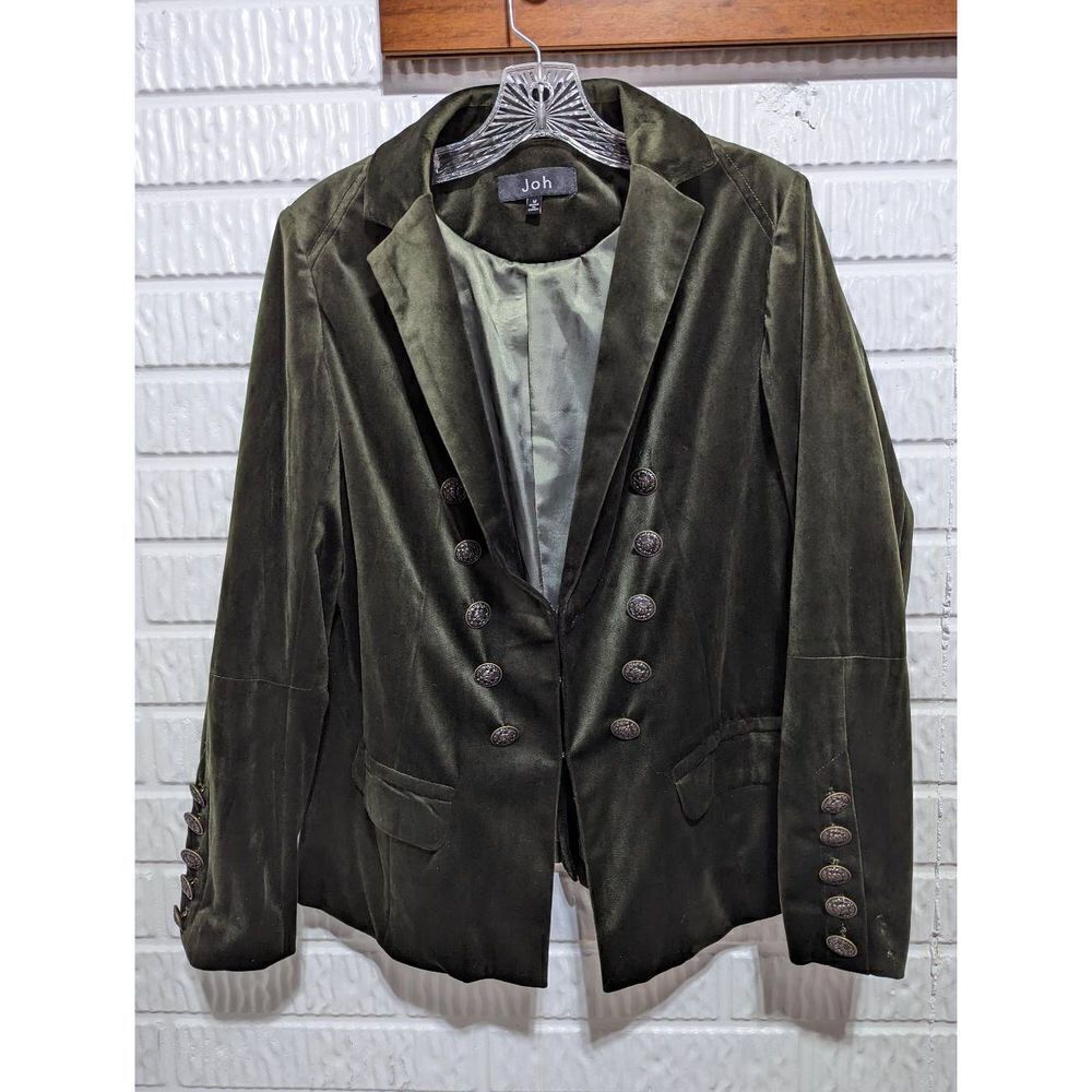 Joh Women's Olive Green Velveteen Double Breasted Buttons Blazer Jacket Medium